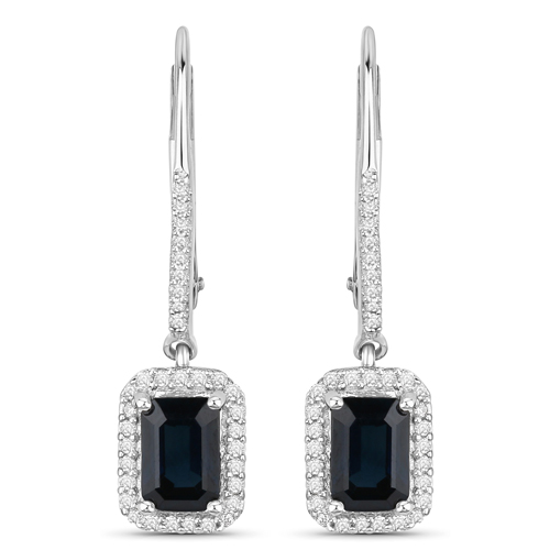 Earrings-1.36 Carat Genuine Blue Sapphire and White Diamond 14K White Gold Earrings