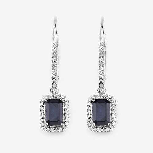 1.36 Carat Genuine Blue Sapphire and White Diamond 14K White Gold Earrings