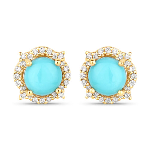 Earrings-0.88 Carat Genuine Turquoise and White Diamond 10K Yellow Gold Earrings