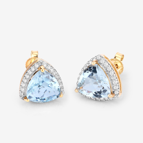 2.85 Carat Genuine Aquamarine and White Diamond 14K Yellow Gold Earrings