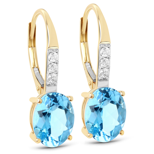 Earrings-4.22 Carat Genuine Swiss Blue Topaz and White Diamond 10K Yellow Gold Earrings