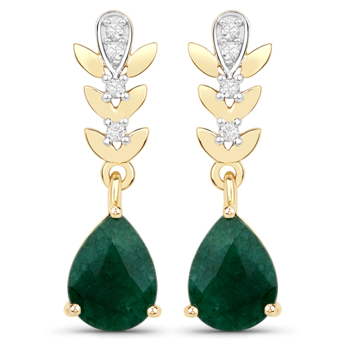 Emerald-2.57 Carat Dyed Emerald and White Diamond 10K Yellow Gold Earrings