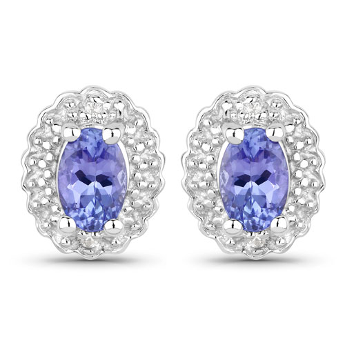 Earrings-0.90 Carat Genuine Tanzanite and Created White Sapphire .925 Sterling Silver Earrings