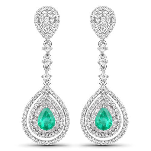 Emerald-4.07 Carat Genuine Zambian Emerald and White Topaz 14K White Gold Earrings