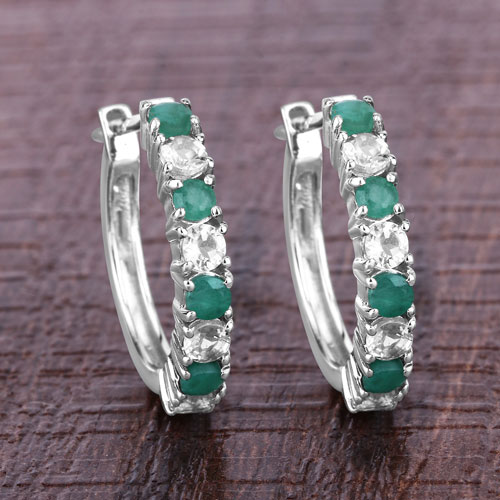 1.68 Carat Genuine Emerald and White Topaz .925 Sterling Silver Earrings