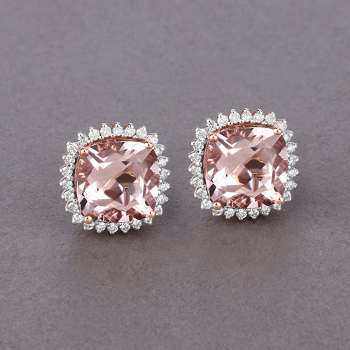 6.22 Carat Genuine Morganite and White Diamond 14K Rose Gold Earrings