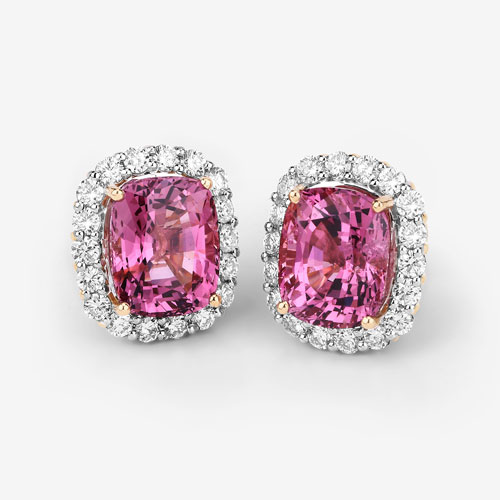 9.26 Carat Genuine Pink Spinel and White Diamond 18K Yellow Gold Earrings