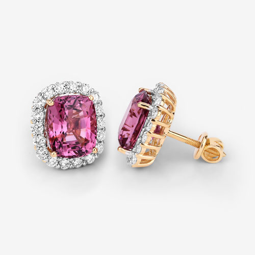 9.26 Carat Genuine Pink Spinel and White Diamond 18K Yellow Gold Earrings
