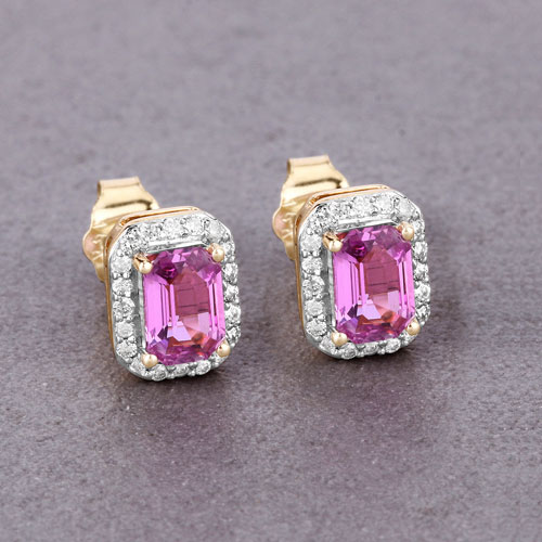 1.46 Carat Genuine Pink Sapphire and White Diamond 14K Yellow Gold Earrings