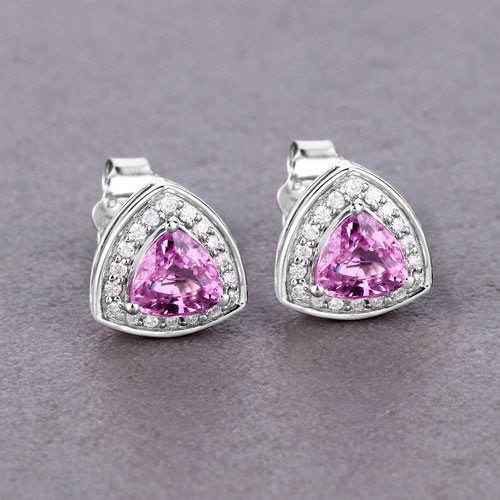 1.05 Carat Genuine Pink Sapphire and White Diamond 14K White Gold Earrings