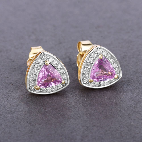 1.05 Carat Genuine Pink Sapphire and White Diamond 14K Yellow Gold Earrings