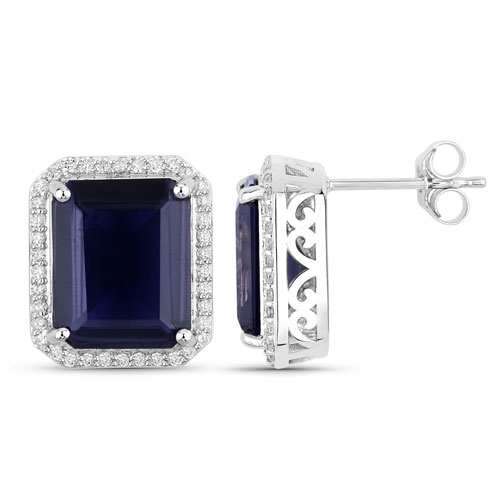 7.17 Carat Genuine Iolite and White Diamond 14K White Gold Earrings