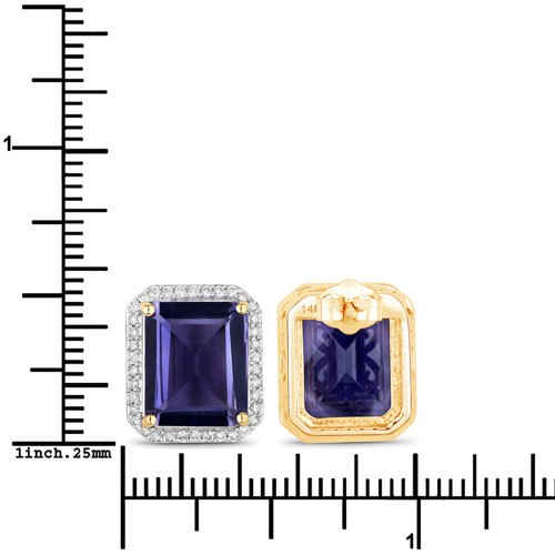7.17 Carat Genuine Iolite and White Diamond 14K Yellow Gold Earrings