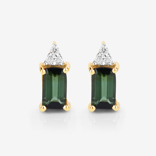 0.59 Carat Genuine Green Tourmaline and White Diamond 14K Yellow Gold Earrings