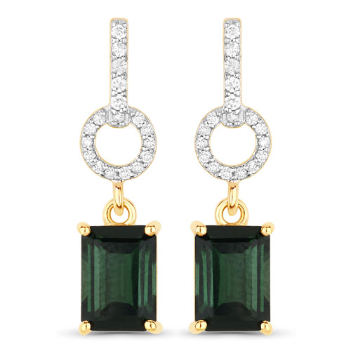 Earrings-2.28 Carat Genuine Green Tourmaline and White Diamond 14K Yellow Gold Earrings