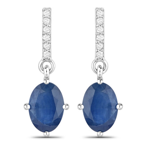 Earrings-1.95 Carat Genuine Blue Sapphire and White Diamond 10K White Gold Earrings