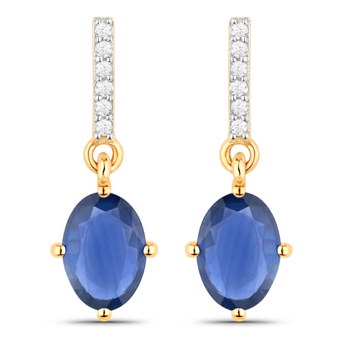 Earrings-1.95 Carat Genuine Blue Sapphire and White Diamond 14K Yellow Gold Earrings