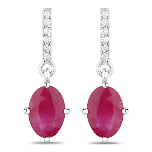 Earrings-1.75 Carat Genuine Ruby and White Diamond 10K White Gold Earrings