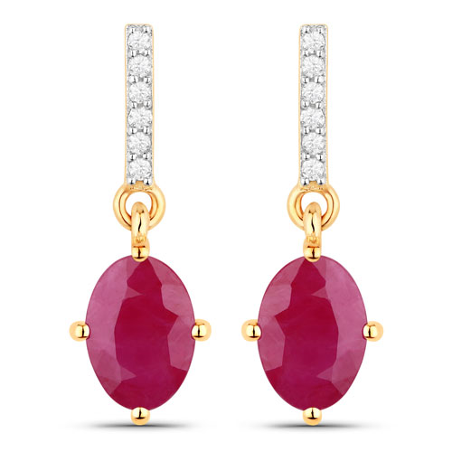 Earrings-1.75 Carat Genuine Ruby and White Diamond 10K Yellow Gold Earrings