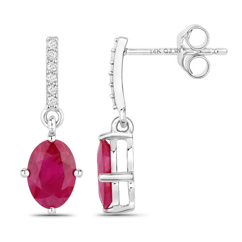 1.75 Carat Genuine Ruby and White Diamond 14K White Gold Earrings