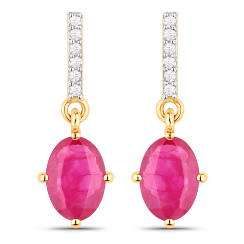 Earrings-1.75 Carat Genuine Ruby and White Diamond 14K Yellow Gold Earrings