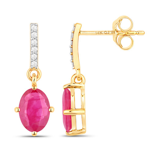 1.75 Carat Genuine Ruby and White Diamond 14K Yellow Gold Earrings
