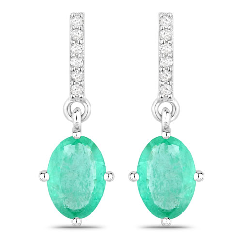 Emerald-1.49 Carat Genuine Zambian Emerald and White Diamond 10K White Gold Earrings