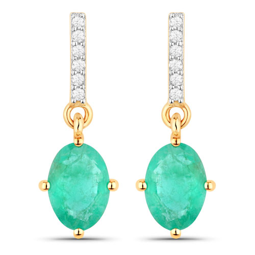 Emerald-1.49 Carat Genuine Zambian Emerald and White Diamond 10K Yellow Gold Earrings