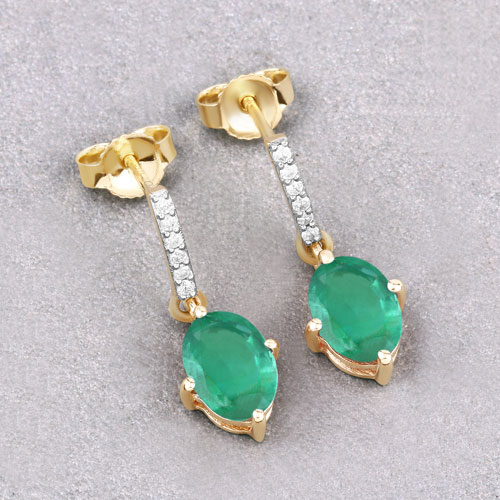 1.49 Carat Genuine Zambian Emerald and White Diamond 10K Yellow Gold Earrings