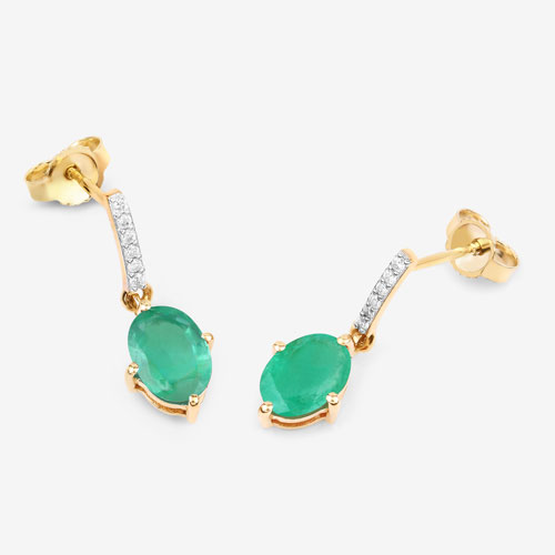 1.49 Carat Genuine Zambian Emerald and White Diamond 10K Yellow Gold Earrings