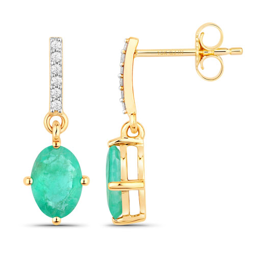 1.49 Carat Genuine Zambian Emerald and White Diamond 10K Yellow Gold Earrings