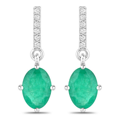 Emerald-1.49 Carat Genuine Zambian Emerald and White Diamond 14K White Gold Earrings