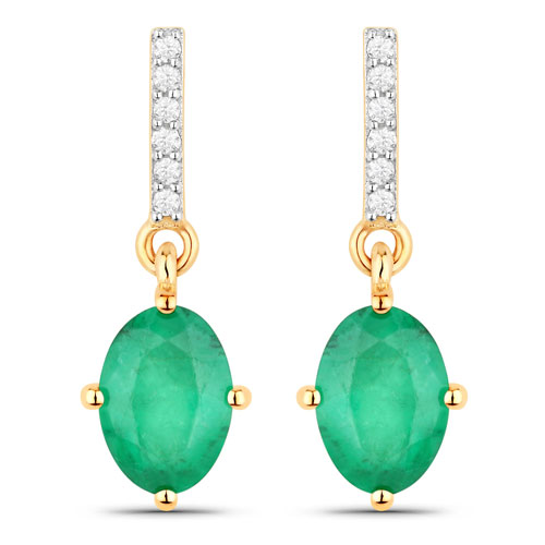 Emerald-1.49 Carat Genuine Zambian Emerald and White Diamond 14K Yellow Gold Earrings