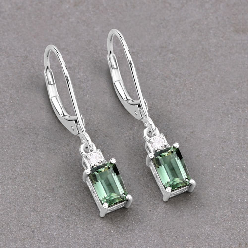 1.28 Carat Genuine Green Tourmaline and White Diamond 14K White Gold Earrings