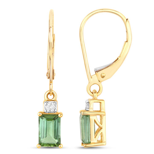 1.28 Carat Genuine Green Tourmaline and White Diamond 14K Yellow Gold Earrings
