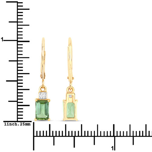 1.28 Carat Genuine Green Tourmaline and White Diamond 14K Yellow Gold Earrings