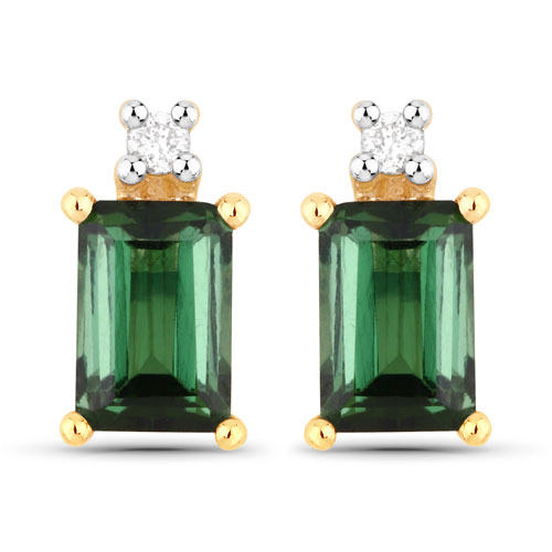Earrings-1.24 Carat Genuine Green Tourmaline and White Diamond 14K Yellow Gold Earrings