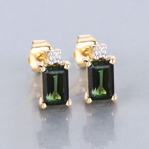 1.24 Carat Genuine Green Tourmaline and White Diamond 14K Yellow Gold Earrings