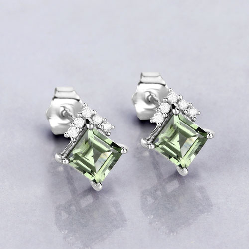 1.66 Carat Genuine Green Tourmaline and White Diamond 14K White Gold Earrings
