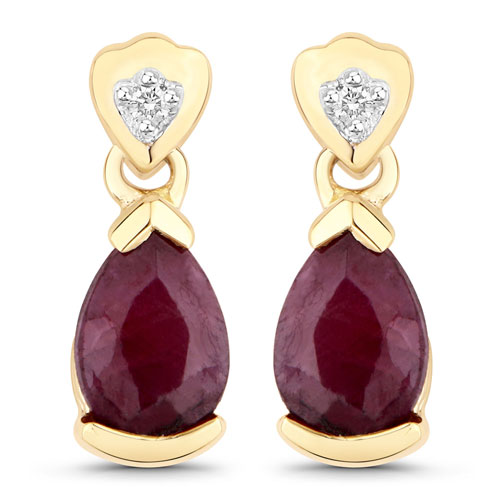 Earrings-0.92 Carat Indian Ruby And Created White Sapphire 10K Yellow Gold Earrings