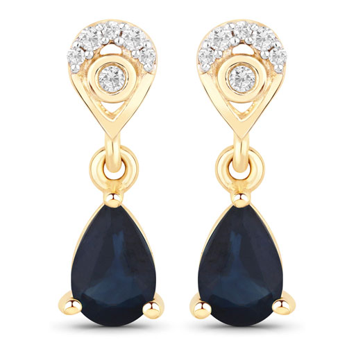 Earrings-0.89 Carat Genuine Blue Sapphire And White Diamond 10K Yellow Gold Earrings