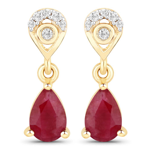 Earrings-0.85 Carat Genuine Mozambique Ruby And White Diamond 10K Yellow Gold Earrings