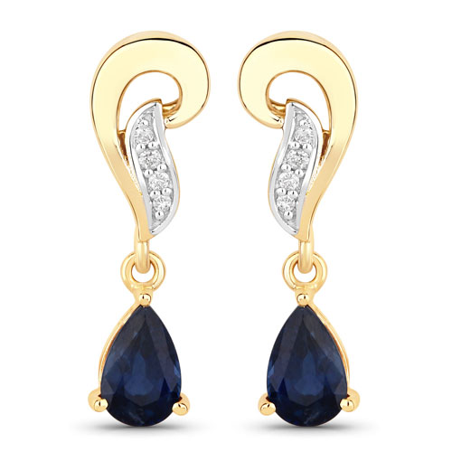 Earrings-0.87 Carat Genuine Blue Sapphire And White Diamond 10K Yellow Gold Earrings