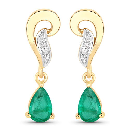 Emerald-0.73 Carat Genuine Zambian Emerald And White Diamond 10K Yellow Gold Earrings