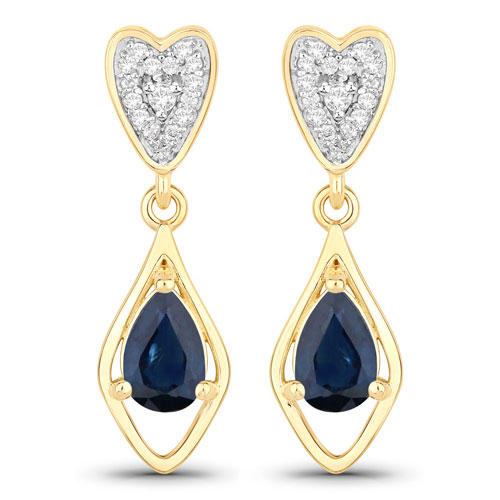 Earrings-0.95 Carat Genuine Blue Sapphire And White Diamond 10K Yellow Gold Earrings