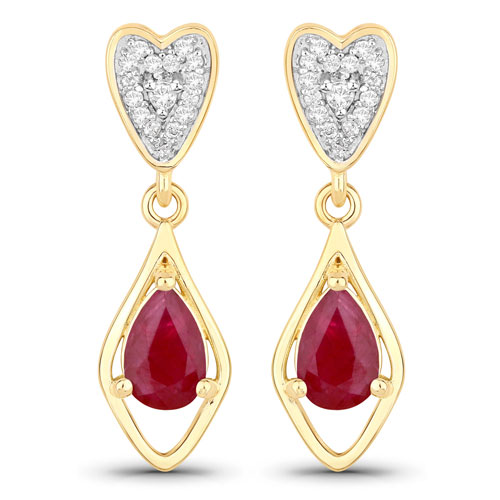 Earrings-0.91 Carat Genuine Mozambique Ruby And White Diamond 10K Yellow Gold Earrings