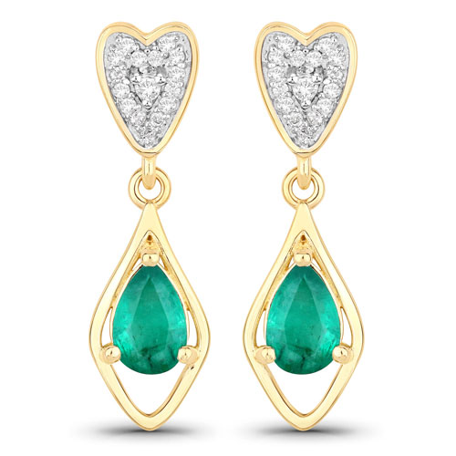 Emerald-0.81 Carat Genuine Zambian Emerald And White Diamond 10K Yellow Gold Earrings
