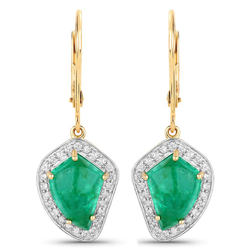 Emerald-6.40 Carat Genuine Colombian Emerald and White Diamond 14K Yellow Gold Earrings