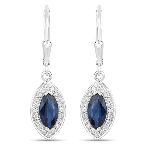 Earrings-1.66 Carat Genuine Blue Sapphire and White Diamond 14K White Gold Earrings