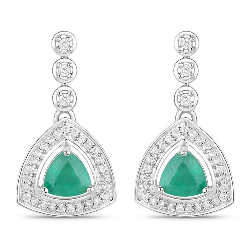 Emerald-1.39 Carat Genuine Zambian Emerald and White Diamond 14K White Gold Earrings